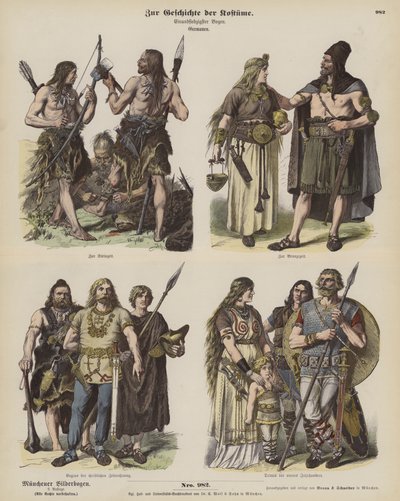 Ókori germán viseletek (színes metszet) alkotó: German School