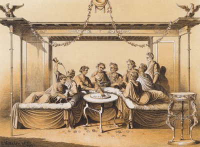 Az ókori rómaiak étkezés közben (színes litográfia) alkotó: German School