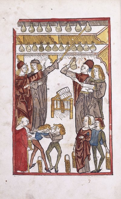Patikárok és bájitalok, két fiúval az előtérben, 1491 alkotó: German School