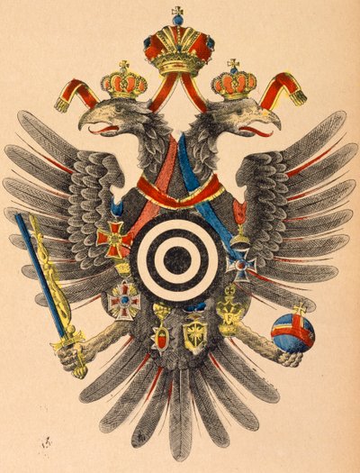 Osztrák-Magyar császári címer íjász célpontként, 1865 körül (színes fametszet) alkotó: German School