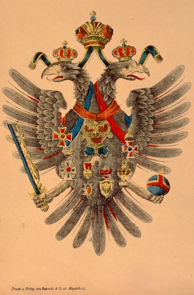 Osztrák-Magyar császári címer, kiadó: Robraki & Co., Magdeburg, 1865 körül (színes fametszet) alkotó: German School