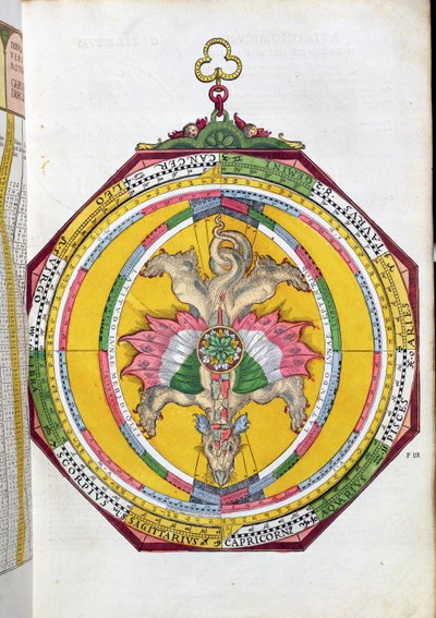 BT1.70.2 Volvelleor állatövvel, illusztrációja az Astronimicum Caesareumból, Peter Apian (Bennewitz) (1495-1552) pub. Ingolstadtban, 1540 (színes fametszet) alkotó: German School