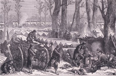 Du Croy tábornok csapatainak bivakja a Vincennes-i erdőben, Cassells History of the War Franciaország és Németország között, kiadó: Cassell and Company Limited, 1890 körül (litho) alkotó: German School
