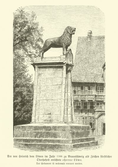 Bronz oroszlán, amelyet Oroszlán Henrik állított fel Brunswickban 1166-ban (metszet) alkotó: German School