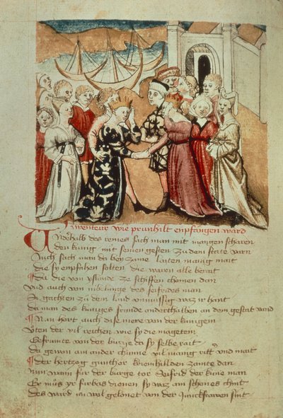 Brunhild belép Wormsba; Kriemhild üdvözölte Brunhildot és Gunthert a „Hundeshagen Nibelungen Codex”-ből (vellum) alkotó: German School