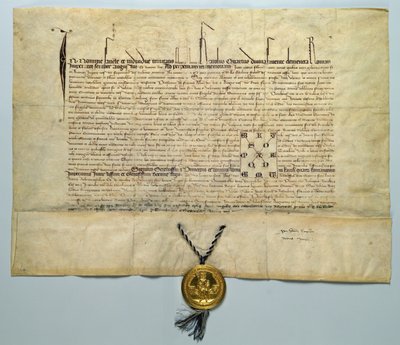 IV. Károly (1316-78) római római császár bullája, 1365. január 29. (tinta pergamenen, aranypecséttel) alkotó: German School
