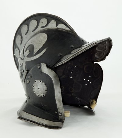 Burgonet, 17. század eleje (acél és vas fekete festékkel és bőrnyomokkal) alkotó: German School