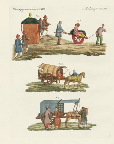 Kosár és utazási mód Kínában (színes gravírozás) alkotó: German School
