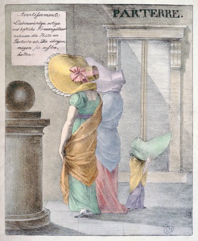 Rajzfilm, amely kigúnyolja azt a divatot, hogy a hölgyek hatalmas kalapot viselnek, 1820 körül alkotó: German School
