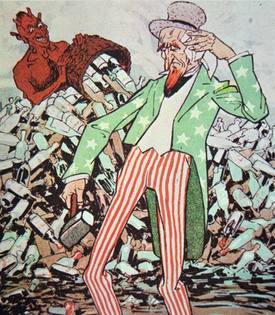 Rajzfilm, amely Samet bácsit mutatja ki, akit az ördög által előidézett bootleg áramlása kimerített a tilalom idején (1920-33) (színes litó) alkotó: German School