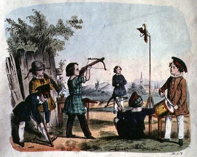 Gyerekek célba lőnek egy arquebuse-zal, 1860 körül (színes metszet) alkotó: German School