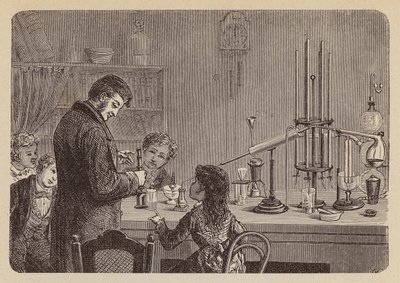 Gyerekek tudományos kísérletet néznek (metszet) alkotó: German School