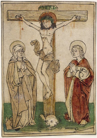 Krisztus a kereszten Máriával és Szent Jánossal, 1470-80 körül (kézzel színezett fametszet pergamenre) alkotó: German School
