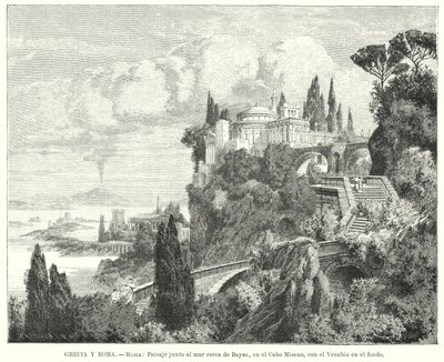 A Nápolyi-öböl partvonala az ókori római Baiae várostól, a Miseno-foktól, a Vezúv a távolban (litho) alkotó: German School