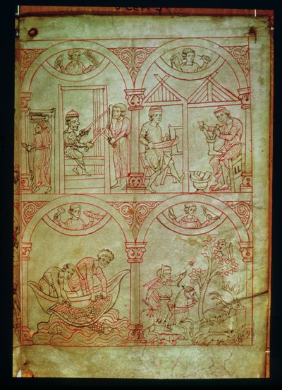 Codex 507 fol.2r Weaver, Shoemaker, Fishermen and Hunter, Renner Musterbuch, 1208-1218 körül alkotó: German School