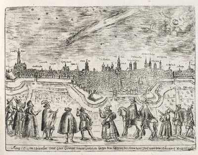 Üstökös látható Augsburg felett 1618. november végén, a Cometen Historia kocsmából. 1618 alkotó: German School