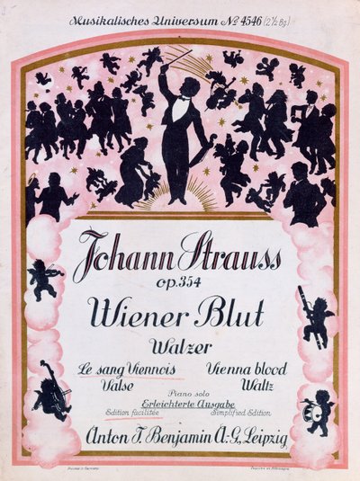 Johann Strauss II, (1825-99), 1930, a híres Wiener Blut op.354 című valcer partitúrájának borítója alkotó: German School