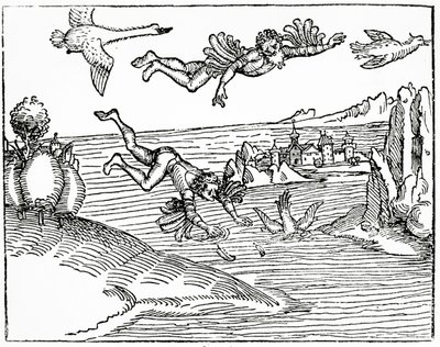Daidalosz, aki fiával, Ikarosszal együtt menekül Krétáról, látja őt a halálba zuhanni, 1493 (fametszet) alkotó: German School