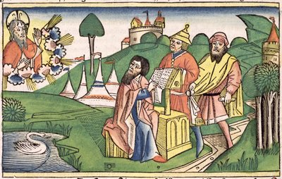 Deuteronómia: Elülső kép, amelyben Isten alkotja a törvényeket, a Nürnbergi Bibliából (Biblia Sacra Germanaica) (színes fametszet) alkotó: German School