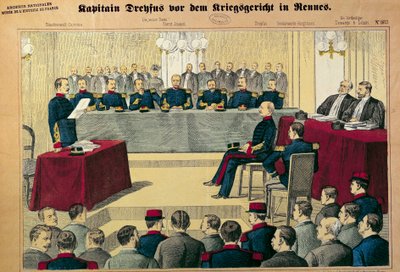 Dreyfus-ügy: Dreyfus kapitány (1859-1923) revíziós tárgyalása Illusztráció a német sajtóból alkotó: German School