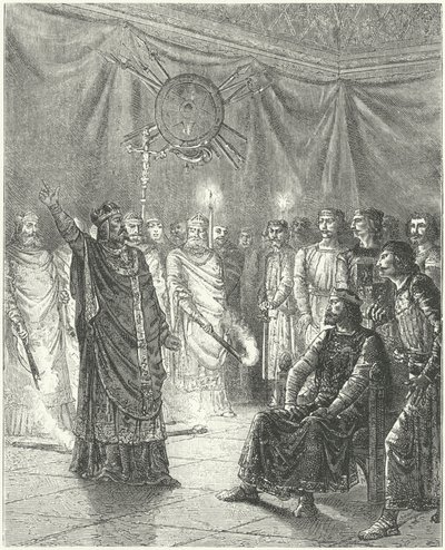 Edmund Rich, Canterbury érseke kiközösítéssel fenyegeti III. Henriket alkotó: German School