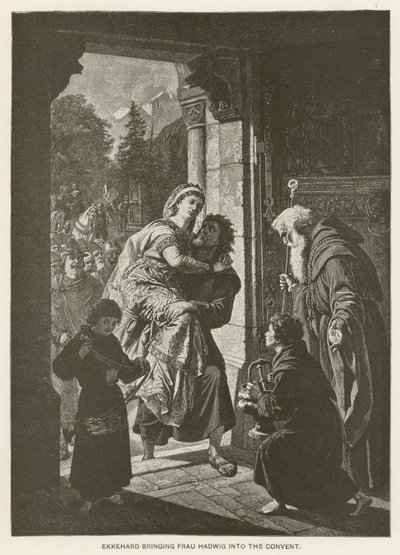 Ekkehard behozza Frau Hadwigot a kolostorba (metszet) alkotó: German School