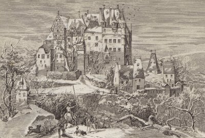 Eltz-kastély a Moselle folyó feletti dombokon, Németországban, ahogy a 16. század végén kinézett (litho) alkotó: German School