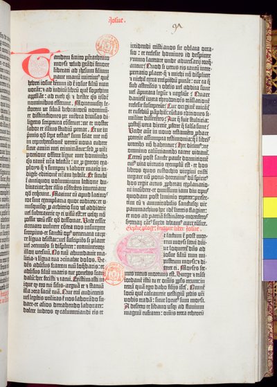 A Pentateuch vége és a Józsué könyvének eleje, a Gutenberg Bibliából, Johannes Gutenberg (kb. 1400-68) és Peter Schoeffer (1425-1502) nyomta Mainzban, 1454-56 (nyomtatott papír) alkotó: German School
