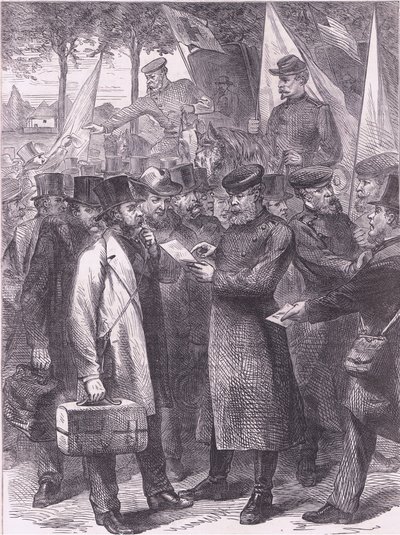 Párizst elhagyó angol lakosok, Cassells History of the War Franciaország és Németország között, kiadó: Cassell and Company Limited, 1890 körül (litho) alkotó: German School