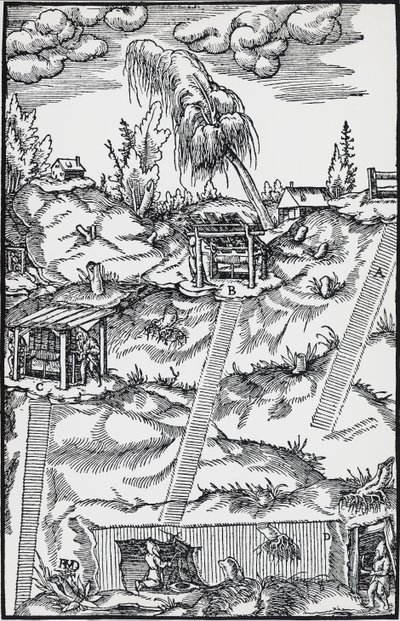 Metszet a De re metallica-ból (A fémek természetéről), Georg Pawer vagy Georgius Agricola (1494-1555) Bázelben jelent meg alkotó: German School
