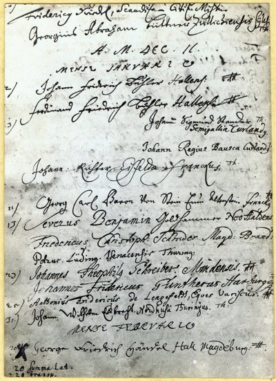 Bejegyzés a Halle Egyetem irataiba, amely Händel nevét tartalmazza, 1702 alkotó: German School