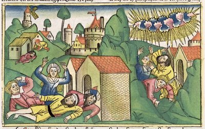2Móz 11 1-10 Egyiptom hét csapása: a legidősebb fiak halála, a nürnbergi Bibliából (Biblia Sacra Germanaica) (színes fametszet) alkotó: German School