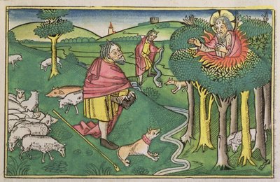 2Móz 3 1-22 Az égő bokor és 2Mózes 4 1-4 Isten felvértezi Mózest a csodálatos vesszővel, a Nürnbergi Bibliából (Biblia Sacra Germanaica) (színes fametszet) alkotó: German School
