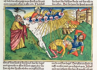 2Móz 9 13-35 Egyiptom hét csapása: Mózes és a jégeső és villámcsapás, a „Nürnbergi Bibliából (Biblia Sacra Germanaica)” (színes fametszet) alkotó: German School