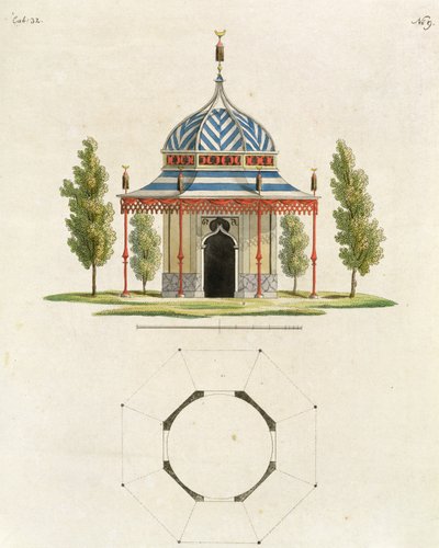 Egy kínai kerti templom külseje, a Legutóbbi új ötletek a kerthez című kiadványból, 1779-ben (színes metszet) (lásd még: 170864) alkotó: German School