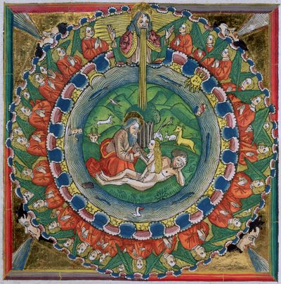 A 1Mózes 2:22 fakszimile másolata Isten teremtette Évát, a nürnbergi Bibliából (Biblia Sacra Germanaica) alkotó: German School