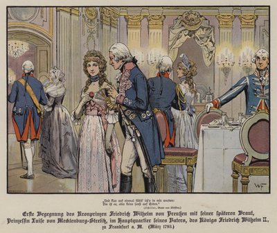 Frigyes Vilmos porosz koronaherceg és leendő menyasszonya, Louise Mecklenburg-Strelitz hercegnő első találkozása apja, II. Frigyes Vilmos király frankfurti főhadiszállásán. alkotó: German School