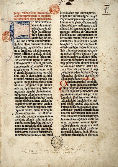 A gutenbergi Biblia latin nyelvű (vulgate) első oldala Mainzban készült 1452 - 1454 között. Szent Jeromos epitreumának kezdete Paulin papnak, amely a Szentírás összes könyvével foglalkozik. alkotó: German School