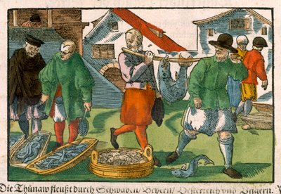 Fishmarket, német kéziratból, 1650 körül (kézzel színezett fametszet) alkotó: German School