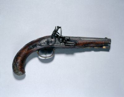 Flintlock pisztoly, csőgyártó Johann Andreas Kuchenreuter (1716-1795), 1750 körül (acél, dió alapanyag, sárgaréz tartók, cső arannyal, sárgarézzel és ezüsttel kirakott) alkotó: German School