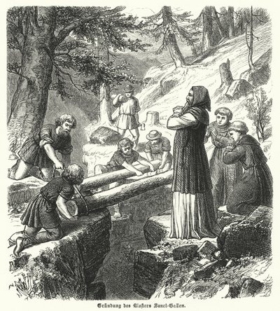 A St Gall-i apátság alapítása, Svájc, 8. század (metszet) alkotó: German School