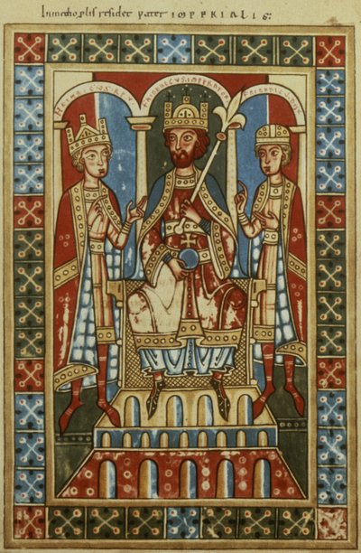I. Frigyes két fiával, VI. Henrik királlyal és Frigyes herceggel, 1180 körül alkotó: German School