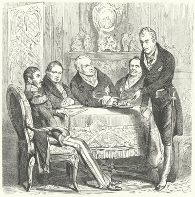 III. Frigyes Vilmos porosz miniszterelnökével, Karl August von Hardenberggel és Klemens von Metternich osztrák külügyminiszterrel folytatott megbeszélésen (metszet) alkotó: German School