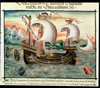 Galleon teljes vitorlás úton Portugáliába, a nürnbergi Color (vagy Keller) család illusztrálásával (vellum) alkotó: German School