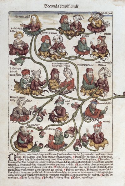Lábán genealógiai fája, Hartmann Schedel (1440-1514) „Liber Chronicarum” című művéből, 1493 (színes fametszet) alkotó: German School