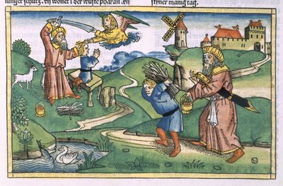 1Móz 21 1-14 Ábrahám Izsák felajánlása, a Nürnbergi Bibliából (Biblia Sacra Germanaica) (színes fametszet) alkotó: German School