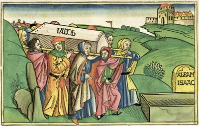 1Móz 49:28-33 Jákob temetése, a Nürnbergi Bibliából (Biblia Sacra Germanaica) (színes fametszet) alkotó: German School