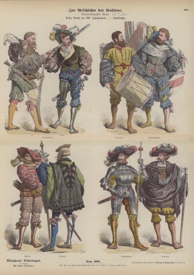 Német Landsknechte (zsoldos katonák), 16. század eleje (színes metszet) alkotó: German School