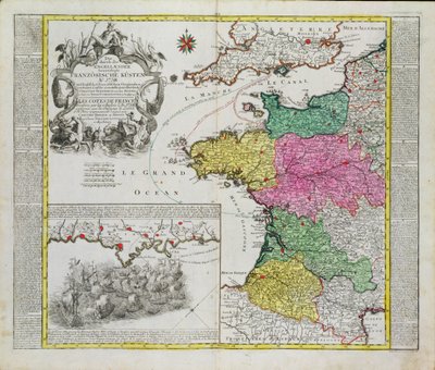 Német térkép a francia kikötők elleni angol haditengerészeti támadásokat 1758-ban alkotó: German School