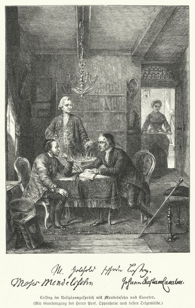 Német filozófus és drámaíró a vallásról beszélget Moses Mendelssohnnal és Johann Kaspar Lavaterrel (metszet) alkotó: German School